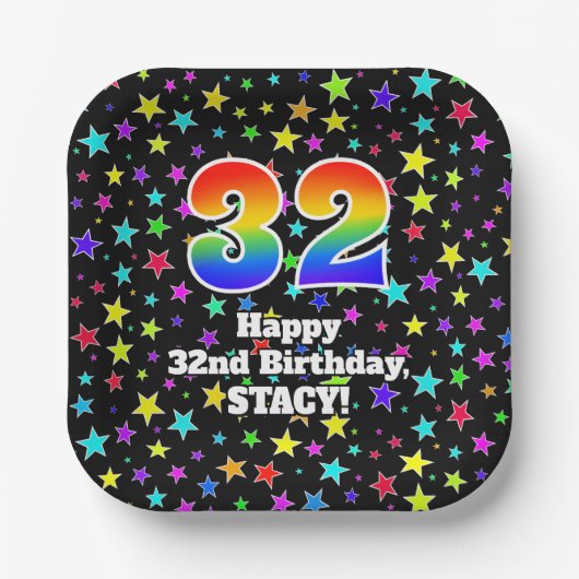 32誕生日:おもしろいスター柄と虹"32" ペーパープレート (正面)