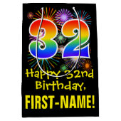 32誕生日:おもしろい花火パターン+虹32 ミディアムペーパーバッグ (正面)
