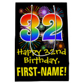 32誕生日:おもしろい花火パターン+虹32 ミディアムペーパーバッグ (裏面)