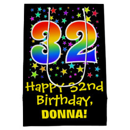 32誕生日:カラフルスターズパターン&レインボー32 ミディアムペーパーバッグ