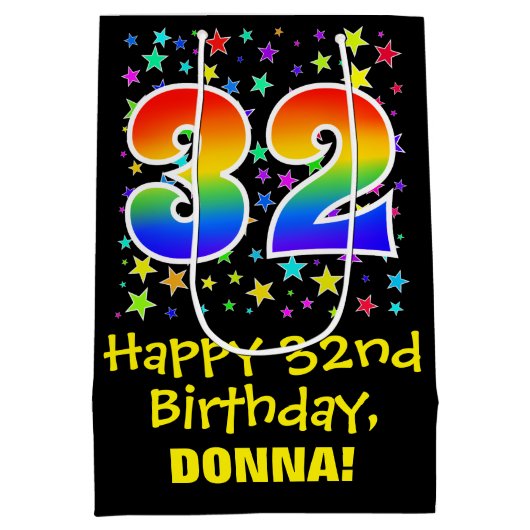 32誕生日:カラフルスターズパターン&レインボー32 ミディアムペーパーバッグ (裏面)