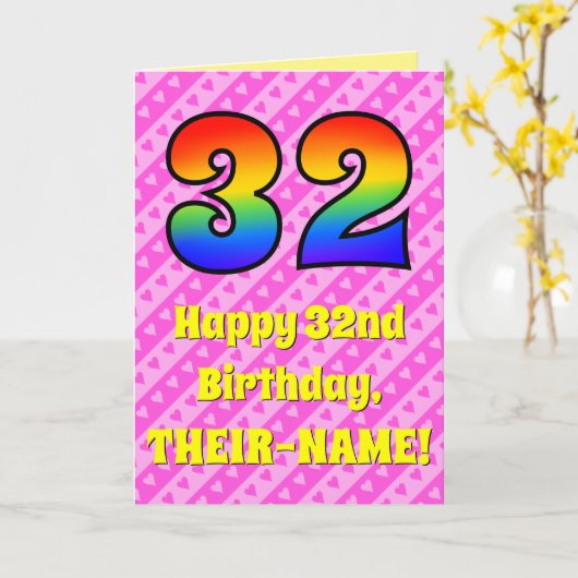 32誕生日:ピンクストライプのハート、レインボー# 32 カード (黄色い花)
