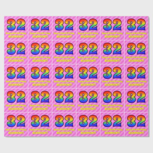 32誕生日：ピンクストライプのハート、レインボー# 32 ラッピングペーパー (フラット)