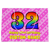 32誕生日:ピンクストライプのハート、レインボー# 32 ラージペーパーバッグ (正面)