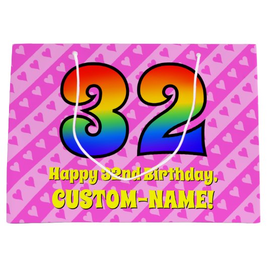 32誕生日:ピンクストライプのハート、レインボー# 32 ラージペーパーバッグ (正面)