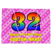 32誕生日:ピンクストライプのハート、レインボー# 32 ラージペーパーバッグ (裏面)