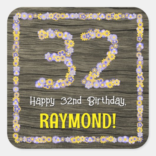 32誕生日:フローラ番号、フェイク木目、名前 スクエアシール (正面)