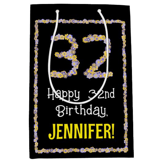 32誕生日:フローラ花数名前をカスタムする ミディアムペーパーバッグ (正面)