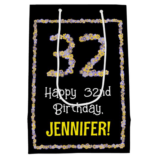 32誕生日:フローラ花数名前をカスタムする ミディアムペーパーバッグ (裏面)