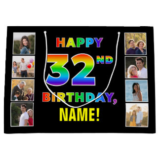 32誕生日:レインボー文字カスタム、写真&名前 ラージペーパーバッグ