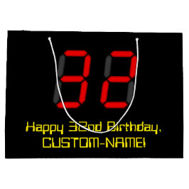 32誕生日：レッドデジタルクロックスタイル「32」 +名前 ラージペーパーバッグ