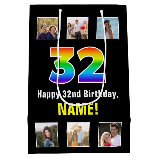 32誕生日: Rainbow "32",写真カスタムと名前 ミディアムペーパーバッグ (裏面)