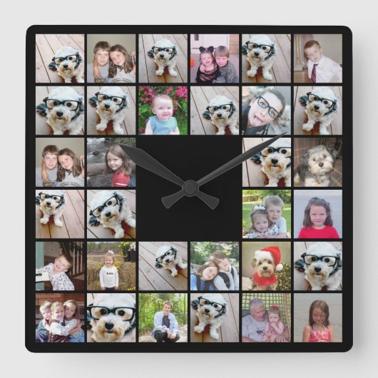 32 Photo Collage Modern Square Layout Black スクエア壁時計 (正面)
