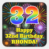 32nd Birthday: Fun Fireworks Look, Rainbow # 32 スクエアシール (正面)