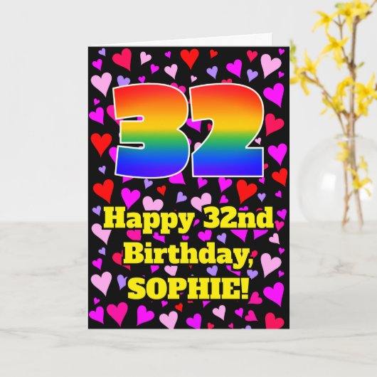 32nd Birthday: Loving Hearts Pattern, Rainbow # 32 カード (黄色い花)