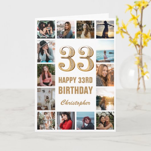 33ハッピーバースデー金ゴールドとホワイトフォトコラージュ カード (黄色い花)