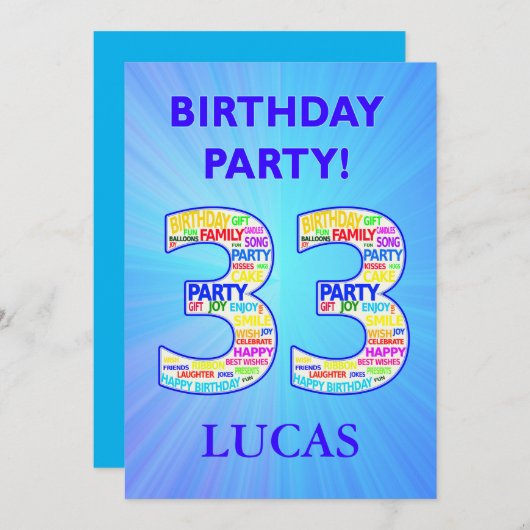 33回誕生日パーティーの招待の名前の追加 招待状 (正面/裏面)