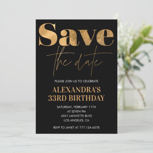 33歳の誕生日の招待を保存する日付の黒い金ゴールド 招待状 (スタンド正面)