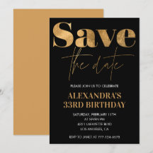 33歳の誕生日の招待を保存する日付の黒い金ゴールド
