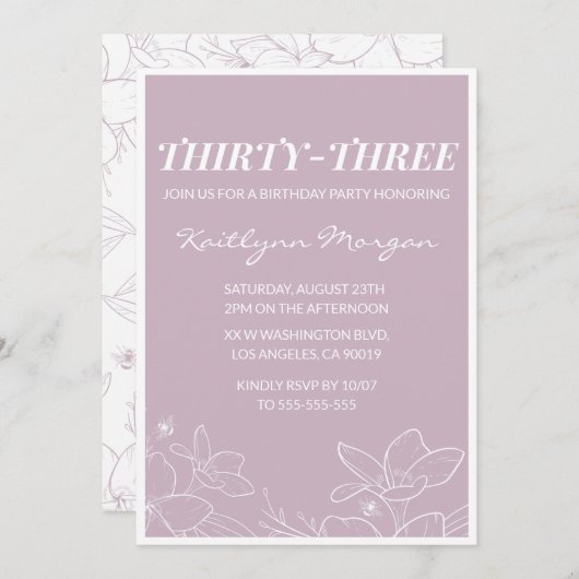 33歳の誕生日の招待エレガントモダンフローラ 招待状 (正面/裏面)