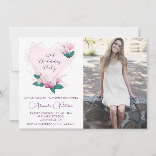 33歳の誕生日の招待フォトフラワーエレガントー 案内状 (正面)