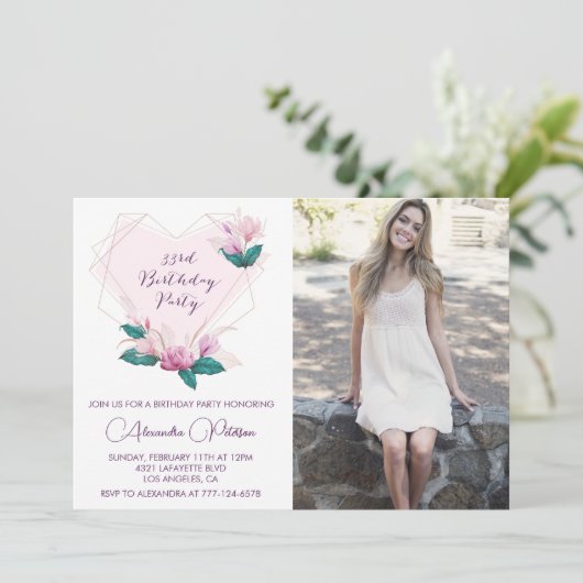 33歳の誕生日の招待フォトフラワーエレガントー 案内状 (スタンド正面)