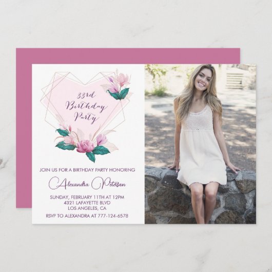 33歳の誕生日の招待フォトフラワーエレガントー 案内状 (正面/裏面)