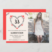 33歳の誕生日の招待フォトフローラハート 案内状 (正面/裏面)