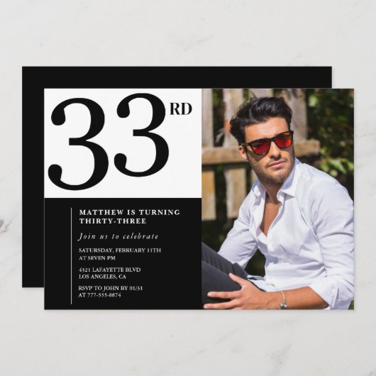 33歳の誕生日の招待フォト白黒メンズ 招待状 (正面/裏面)