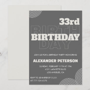 33歳の誕生日の招待メンズグレータイポグラフィ 招待状