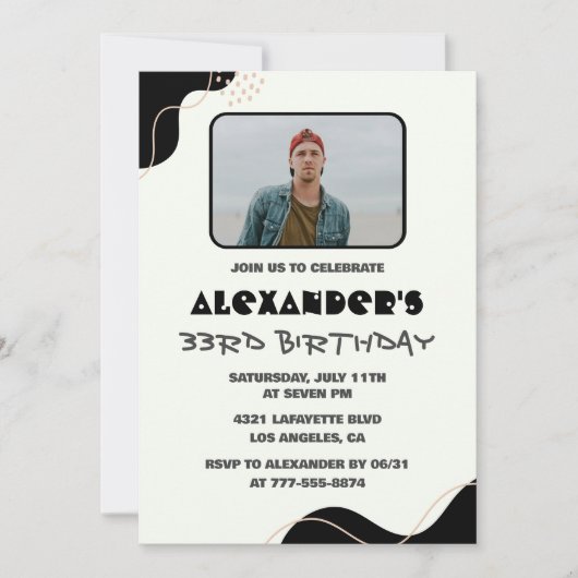 33歳の誕生日の招待メンズブラックシンプル写真 招待状 (正面)