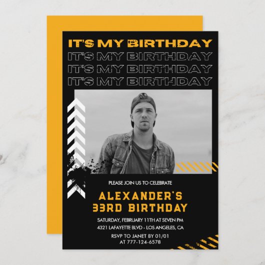 33歳の誕生日の招待メンフォトスプレー絵を描 招待状 (正面/裏面)