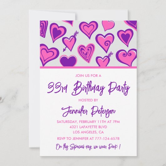 33歳の誕生日の招待状グラムピンクハート 招待状 (正面)