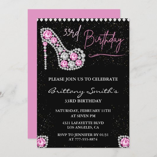 33歳の誕生日を迎えるグラムピンクシルバーダイヤモンド 招待状 (正面/裏面)