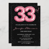 33歳の誕生日を迎えるグラムピンクブラックバルーン 招待状 (正面/裏面)