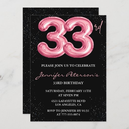 33歳の誕生日を迎えるグラムピンクブラックバルーン 招待状 (正面/裏面)