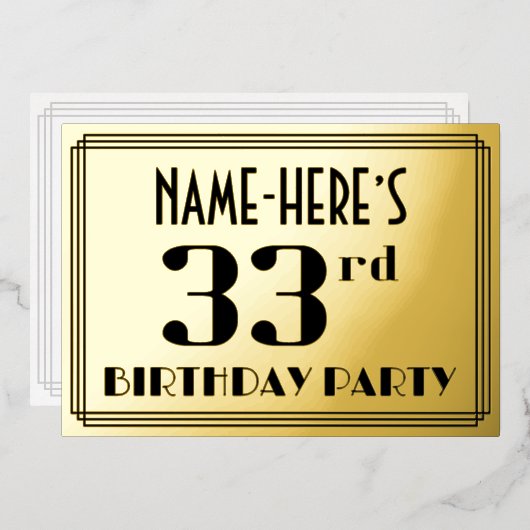 33歳の誕生日パーティー：アールデコ調の「33」と名前 箔招待状 (正面/裏面)