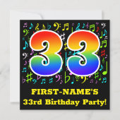 33歳の誕生日パーティー：楽しい音楽のシンボル、虹の33 招待状 (正面)