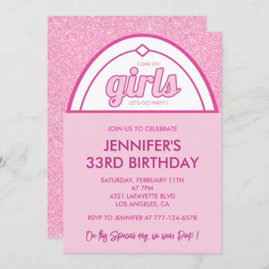 33歳の誕生日招待状ホットピンクグリッターかわいい 招待状 (正面/裏面)