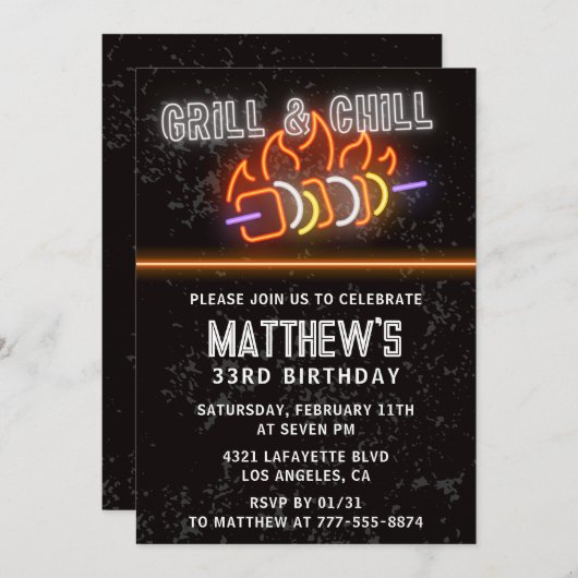33歳の誕生日招待状誕生日bbq neon 招待状 (正面/裏面)