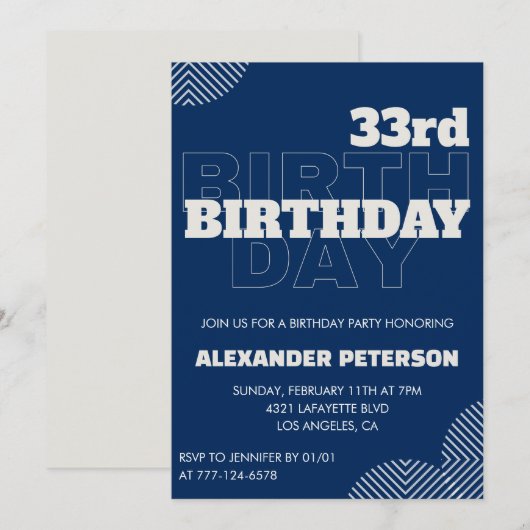 33歳の誕生日招待状 男性 紺色 招待状 (正面/裏面)