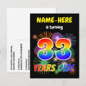 33歳の誕生日 - おもしろい花火、虹のデザイン「33」 ポストカード (正面/裏面)