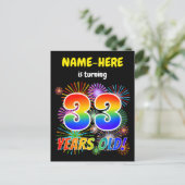 33歳の誕生日 - おもしろい花火、虹のデザイン「33」 ポストカード (スタンド正面)