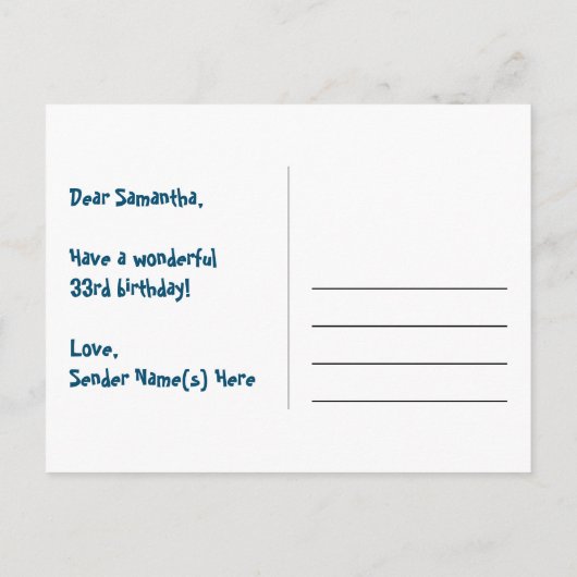 33歳の誕生日：ピンクのストライプとハート、レインボー33 ポストカード (裏面)