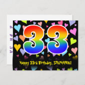 33歳の誕生日：楽しいハート柄、虹色33 ポストカード (正面/裏面)