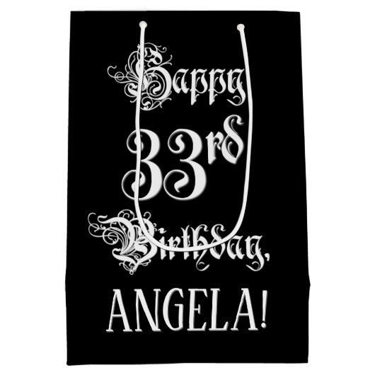 33番目の誕生日: ファンシー、スクリプエレガントト+名前をカスタムする ミディアムペーパーバッグ (裏面)