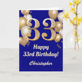 33誕生日ネイビーブルーと金ゴールドバルーン紙吹雪 カード (黄色い花)