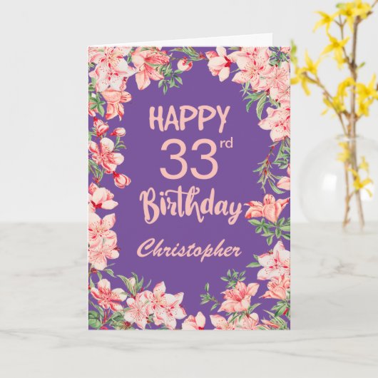 33誕生日パープルピンクピーチウォーターフローラ カード (黄色い花)