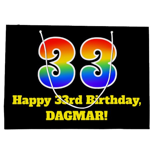 33誕生日~おもしろい, カラフル, 鮮やか, Rainbow 33 ラージペーパーバッグ (裏面)