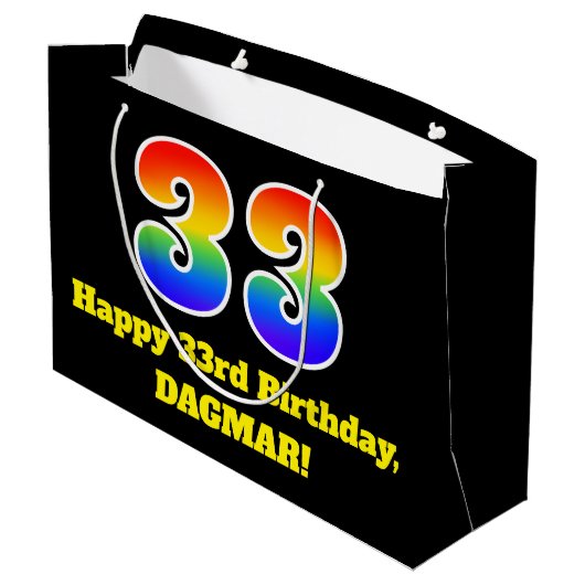 33誕生日~おもしろい, カラフル, 鮮やか, Rainbow 33 ラージペーパーバッグ (裏面アングル)